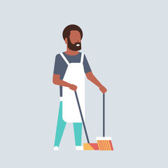 man sweeping floor with broom and scoop african american guy doing housework house cleaning concept male cartoon character full length flat gray background