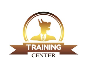 Pet emblem design. Doberman dog. Graphic design element. Training center text. Golden metallic gradient.