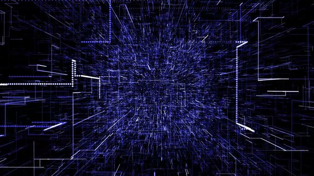 Blue abstract virtual space. 3d illustration flying through digital data tunnel. Data tunnel journey, transmission of digital information. Futuristic 3d rendering of a hi-tech cyber space line & dot.