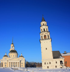 Fototapeta na wymiar Old leaning tower in the city of Nevyansk