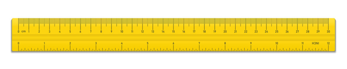 Realistic plastic yellow tape ruler isolated on white background. Double sided measurement in cm and inches. Vector illustration