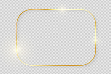 Gold shiny glowing vintage frame with shadows isolated on transparent background. Golden luxury realistic rectangle border. Vector illustration