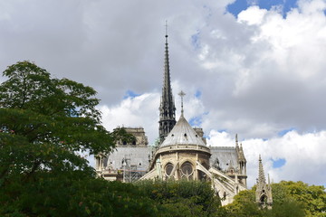 Fototapeta na wymiar Notre Dame Spire (La Fleche) and wooden roofs before the fire. Paris, France.