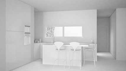 Total white project of minimalist white kitchen with dining table and parquet floor, oven sink and gas stove, ribbon window, modern contemporary apartment, interior design concept