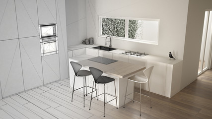Architect interior designer concept: unfinished project that becomes real, minimalist white kitchen with dining table and parquet floor, oven sink and gas stove, design idea, top view