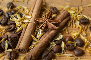 Spices with the coffee seeds on the wooden background