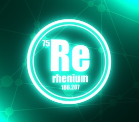 Rhenium chemical element. Sign with atomic number and atomic weight. Chemical element of periodic table. Molecule and communication background. Connected lines with dots. 3D rendering