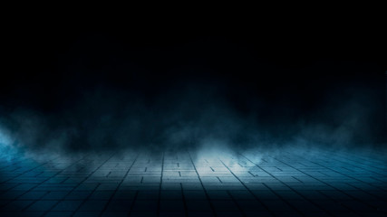 Dark street, night smog and smoke neon light. Dark background of the night city, ray of light in...