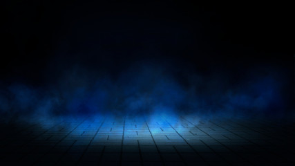 Dark street, night smog and smoke neon light. Dark background of the night city, ray of light in the dark. Gloomy dark background.