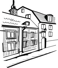 Hand drawn vector sketch. Illustration of houses isolated on white background.