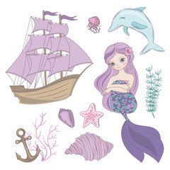 SIREN Mermaid Girl Princess Cartoon Sea Ocean Summer Tropical Cruise Vacation Vector Illustration Set for Print Fabric and Decoration