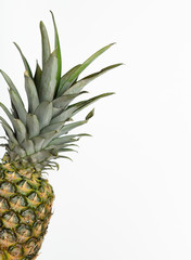 Ripe pineapple with green leaves on a white background. Summer refreshing tropical dietary healthy fruit. Copy space. Minimal composition.