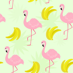 Cute seamless  pattern with flamingos and bananas on backdrop with tropical leaves. For wrapping paper, design poster, print for clothes for children.