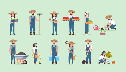 Fototapeta na wymiar set male female farmers holding different farming equipment harvesting planting vegetables agricultural workers collection eco farming concept flat full length horizontal