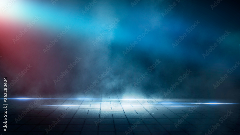 Wall mural dark street, night smog and smoke neon light. dark background of the night city, ray of light in the