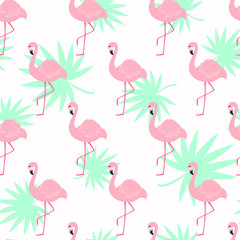 Vector seamless pattern with flamingo on backdrop with tropical leaves . For wrapping paper, design poster, banner, print on clothes for boys or girls. Cute childish background.