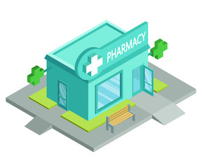 Vector isometric drugstore. Facade of pharmacy store isolated on white background. Drugstore house. Cartoon pharmacy store building. Drugstore front. Vector graphics to design