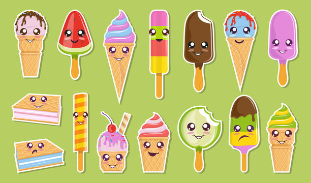 Vector Set Of Cute kawaii ice cream sticker. Kawaii faces. Cartoon ice cream. Kawaii eyes. Vector graphics to design 