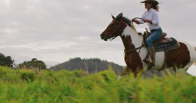 Cowgirl horseback riding in slow motion, powerful fast horse galloping with rider in green field