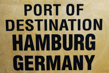 Port of destination Hamburg Germany printed on wooden transport box