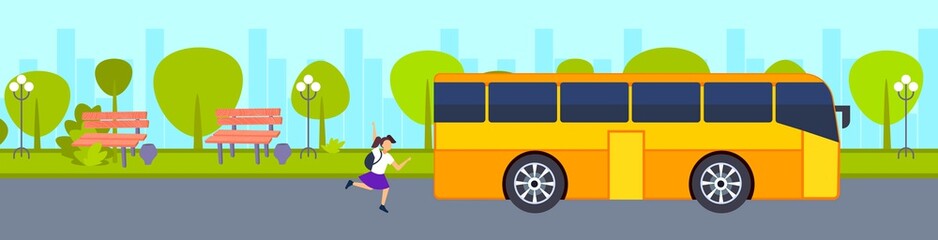 teenager girl running to catch school bus hurry up late concept female student waving hand gesture city urban park landscape background horizontal banner vector illustration