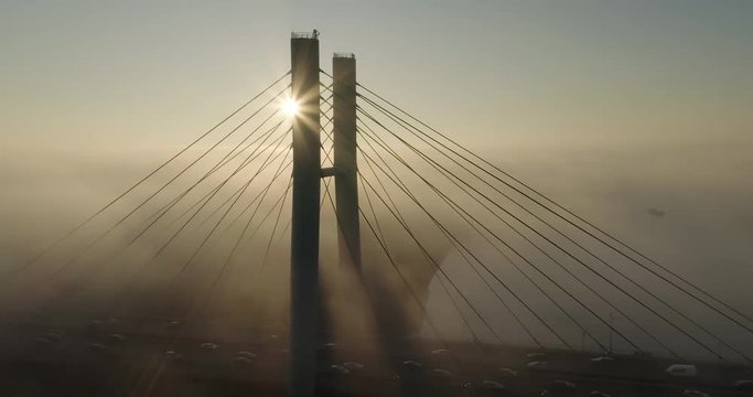 Drone footage of Siekierkowski bridge in Warsaw taken from the closer perspective.