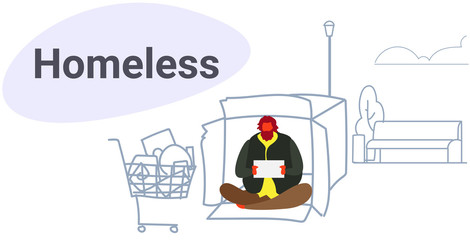 poor man sitting cardborad box guy begging for help beggar holding empty sign board homeless concept sketch doodle horizontal full length