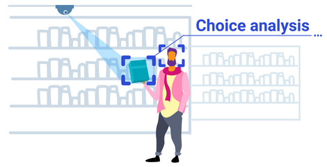 man customer identification facial recognition choice analysis concept guy choosing accesories modern fashion boutique interior security camera surveillance cctv system sketch doodle horizontal