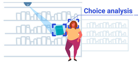 woman customer identification facial recognition concept overweight girl choosing accesories modern fashion boutique interior security camera surveillance cctv system sketch doodle horizontal