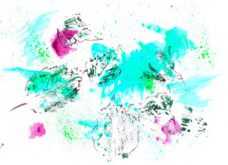 Abstract watercolor background with spots, splashes and leaf prints