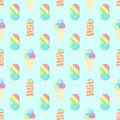 Seamless pattern.Colorful ice cream pattern perfect for restaurant menu backdrop,food concept, ice cream bar,t-shirts,cards and prints.Vector illustration with ice cream and popsicle.