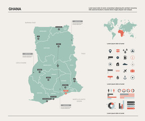 Naklejka premium Vector map of Ghana. High detailed country map with division, cities and capital Accra. Political map, world map, infographic elements.