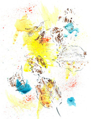 Abstract watercolor background with spots, splashes and leaf prints