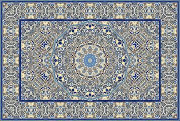 Vintage Arabic pattern. Persian colored carpet. Rich ornament for fabric design, handmade, interior decoration, textiles. Blue background. - 262286228
