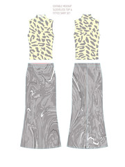 EDITABLE VECTOR MOCKUP. TEMPLATE FOR SHOWCASING FABRIC PATTERN DESIGN. TECHNICAL ILLUSTRATION OF TOP AND SKIRT WITH ANIMAL PRINT AND MARBLE TEXTURE PATTERN IN SHADES OF YELLOW, GREY, BLACK AND WHITE.