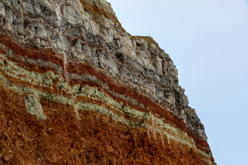  texture of different layers of clay underground in  clay quarry after geological study of soil.