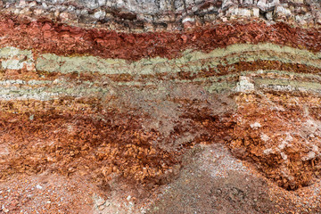  texture of different layers of clay underground in  clay quarry after geological study of soil.