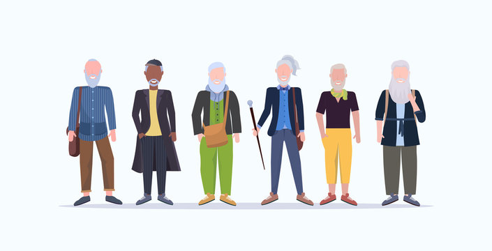 casual mature men standing together smiling senior gray haired mix race people wearing trendy clothes male cartoon characters full length flat white background horizontal