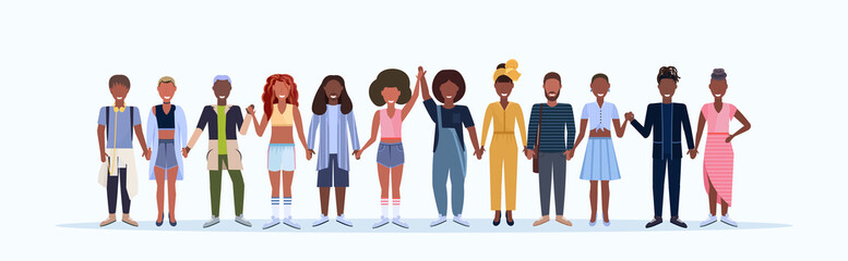 happy men women standing together smiling african american people with different hairstyles wearing trendy clothes male female cartoon characters full length white background horizontal