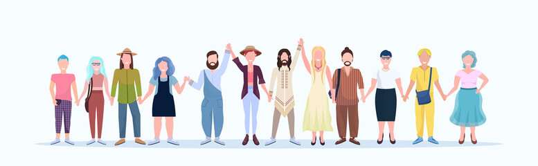 casual men women standing together smiling people with different hairstyles wearing trendy clothes male female cartoon characters full length flat white background horizontal