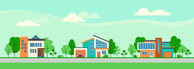 Suburban houses along the street. Set private houses in flat design style. Colorful residential houses and trees. 