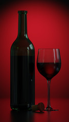 Wine bottle and crystal glass on red light background, dark style, 3d render