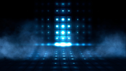 Obraz premium Dark empty stage, street, night smog and smoke, neon light. Dark background of the night city, ray of light in the dark. Concrete floor, dark wall. Blue neon. Light spotlights.