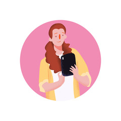 Generation z. Girl with red nose and brown hair, holds the tablet in hand. People character stylized vector illustration in flat with texture style, round frame and pink background.