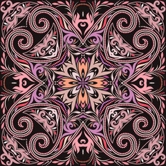 Bandana classy. Traditional ornamental ethnic pattern with folk art elements and flowers. Vector print square.