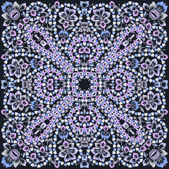 Bandana classy. Traditional ornamental ethnic pattern with folk art elements and flowers. Vector print square.