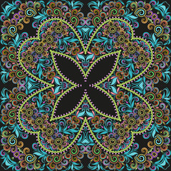 Bandana classy. Traditional ornamental ethnic pattern with folk art elements and flowers. Vector print square.