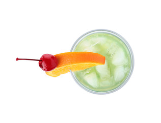 Glass of Gin Tonic cocktail on white background, top view. Traditional alcoholic drink