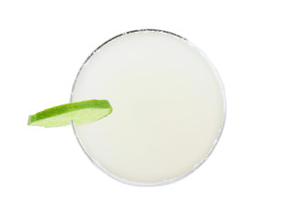 Glass of Margarita cocktail on white background, top view. Traditional alcoholic drink