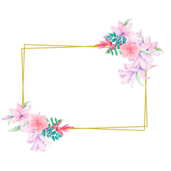 Wedding Invitation, birthday, greeting card, watercolor pink floral and green leaves geometric golden square frame with ribbons print. Rhombus Rectangle frame. White background